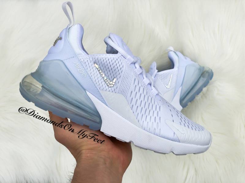 Swarovski Damen Nike Air Max 270 All White Sneakers Blinged Out With Authentic Clear Crystals Custom Bling Schuhe von DiamondsOnMyFeet