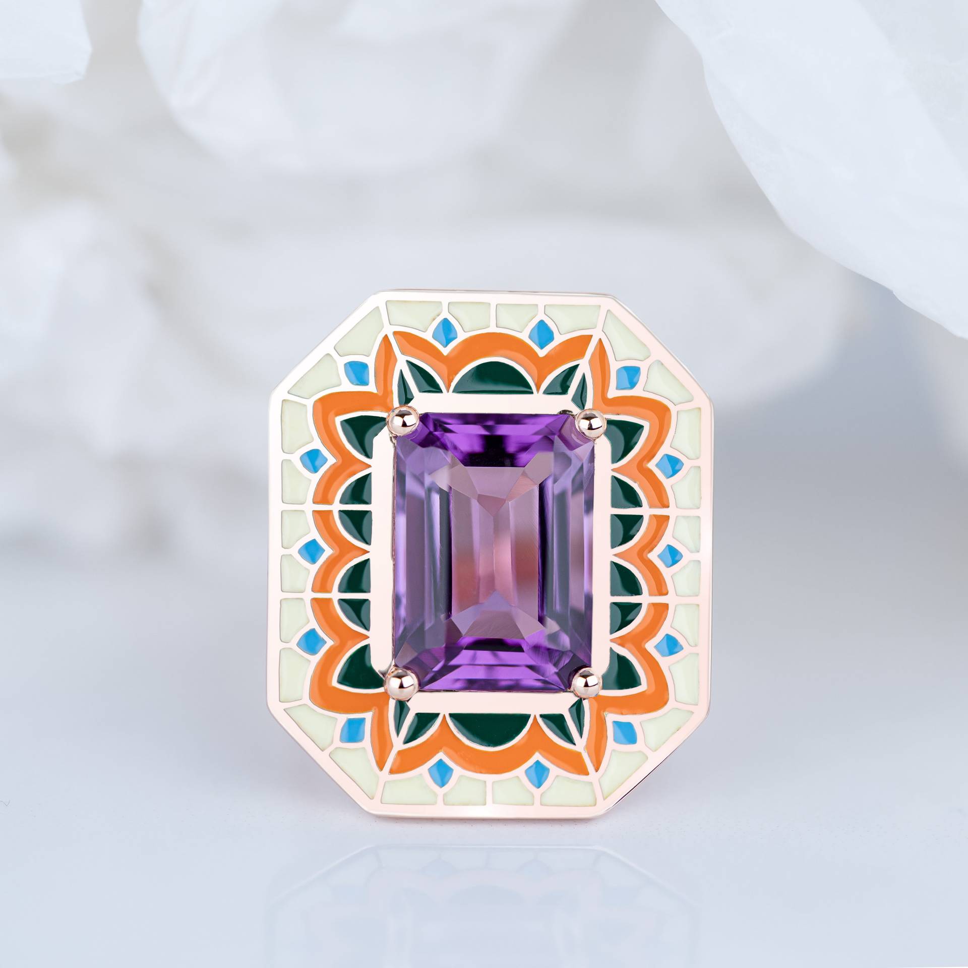 Art-Deco-Ring, 6.00-7.00 Ct Amethyststein Und Bunter Emaille-Ring, 14K Gold-Cocktailring Oder 925 Sterlingsilber von DiamondsVivid