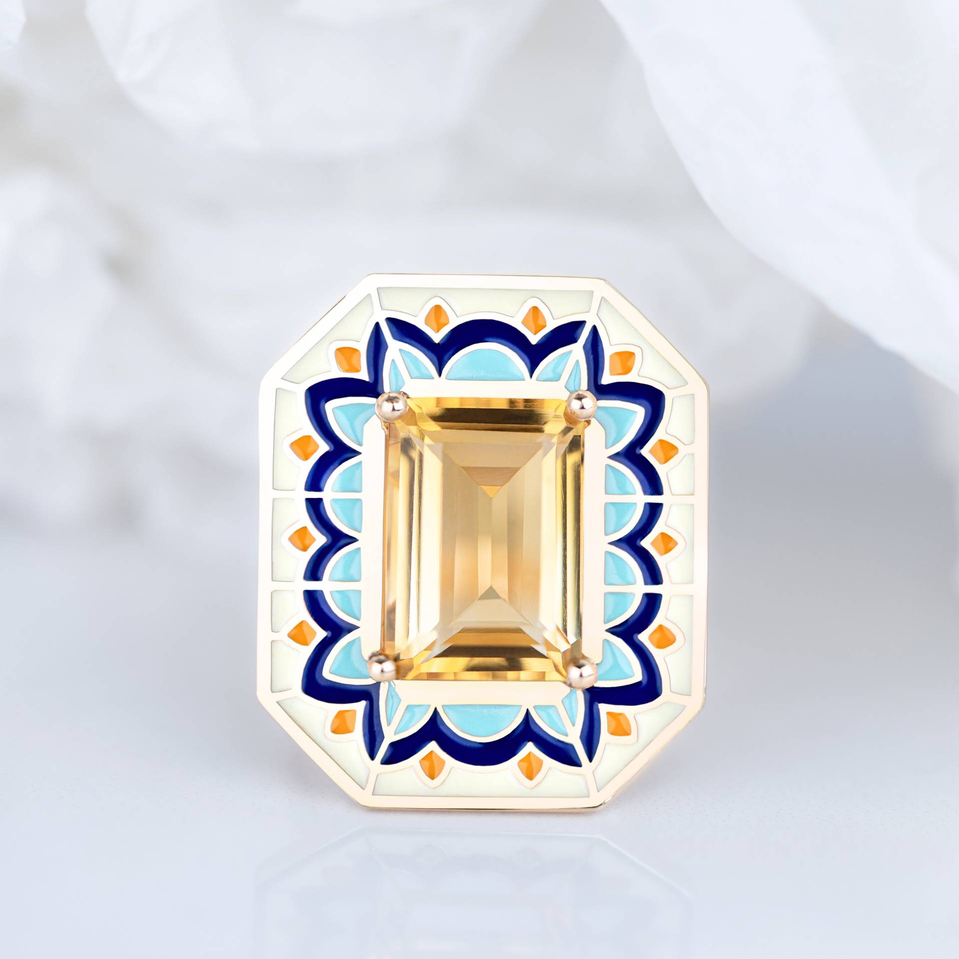 Art-Deco-Ring, 6.00-7.00 Ct Citrinstein Und Bunter Emaille-Ring, 14K Gold-Cocktailring Oder 925 Sterlingsilber von DiamondsVivid
