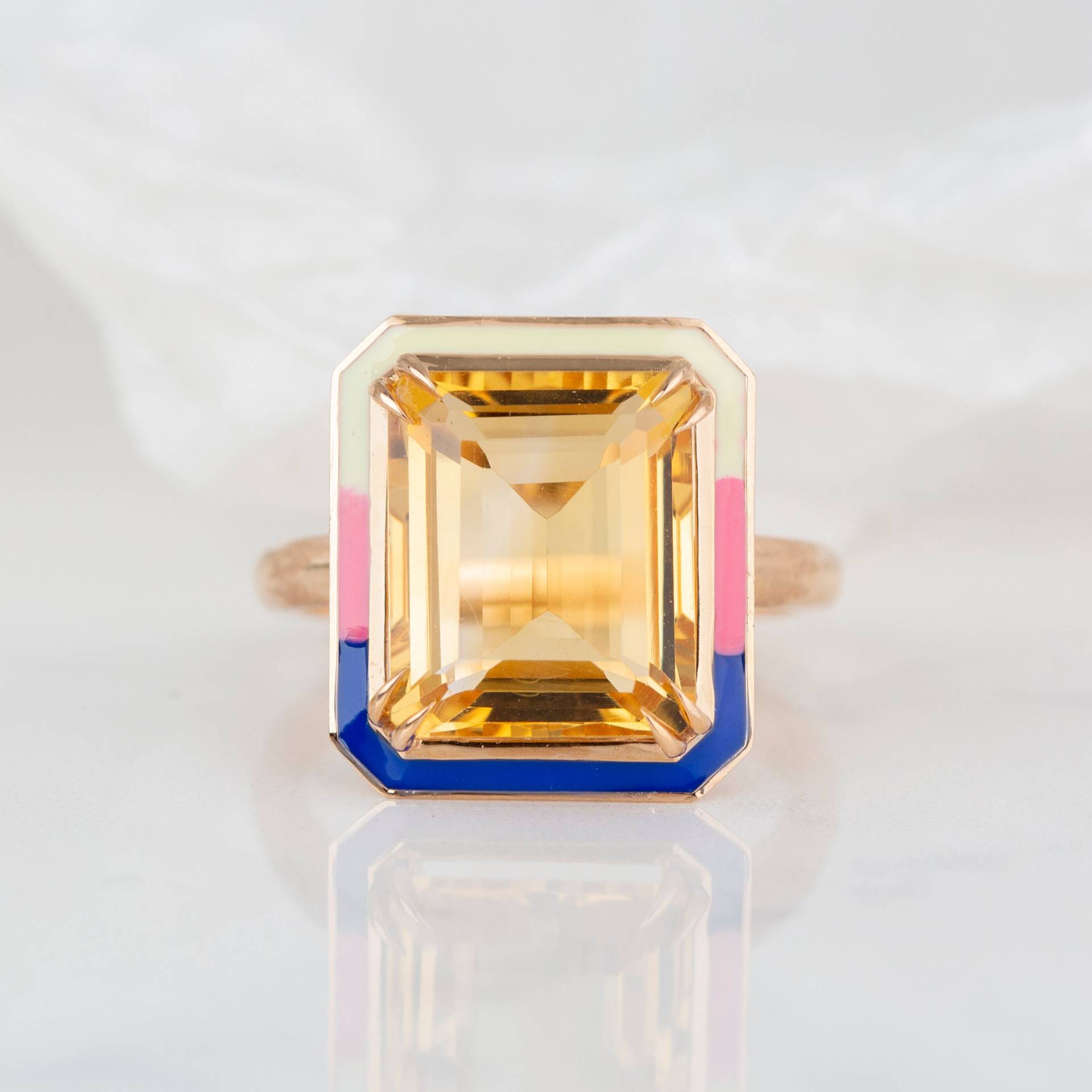 Art-Deco - Und Cocktail-stil Ring, 6.00-7.00 Ct Citrin Tria Farbe Emaille 14K Goldring von DiamondsVivid