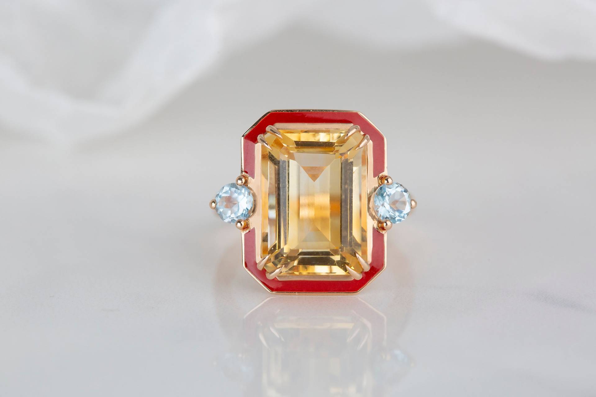 Art Deco Und Cocktail-stil Ring 5, 80 Ct Rot Emaillierte Citrin Himmeltopas Ring, 14K Gold-Cocktail-Ring von DiamondsVivid