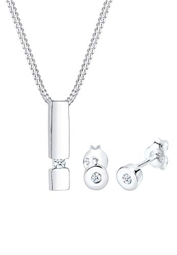 DIAMORE Schmuckset Damen Ohrstecker Geo Anhänger Solitär mit Diamant (0.09 ct.) in 925 Sterling Silber von DIAMORE