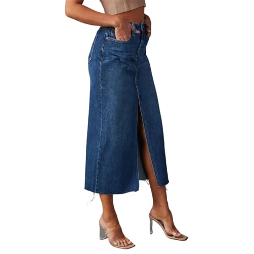 DianShao Damen Hohe Taille Wadenlänge Denim Rock Mit Frontschlitz Langer Rock Reißverschluss Stretchy Material von DianShao