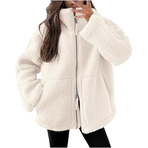 DianShao Damen Teddyjacke Winter– Warme Doppelschicht Fleecejacke mit Reißverschluss, Einfarbiger Wintermantel mit Taschen, Flauschige Samtjacke für Freizeit und Alltag von DianShao
