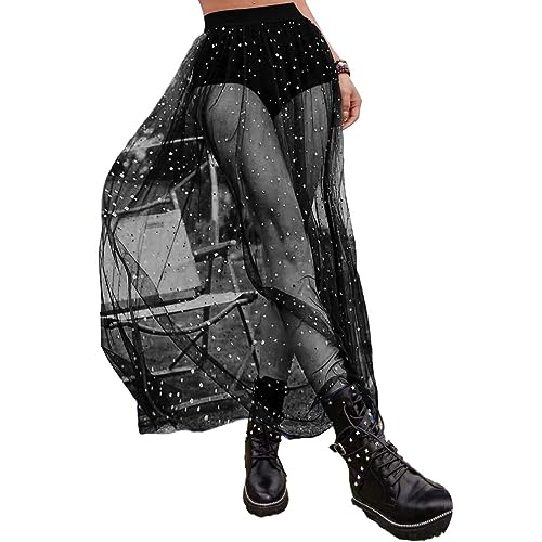 DianShao Damen Tüll Mesh 2-in-1 Glitzernde Pailletten Elastisches Hoch Tailliertes A-Linie Party Langes Kleid Mit Transparenter Spitze Wrap Gesäß Rock Mesh High Waisted Rock von DianShao