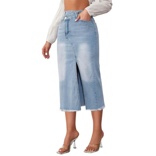 DianShao Hohe Taille, Reißverschluss, Geteilter Saum, Lang, A-Linie, Schmal, Jeansrock Elegante Damenröcke von DianShao