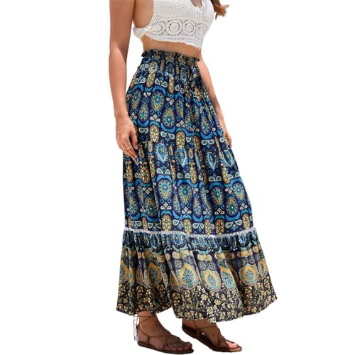 DianShao Sommerrock Damen Boho Rock Midi-Länge Elastische Taille Midirock Elegant Rock Hohe Taille Casual Freizeitrock Blumen Röcke Chiffon Skirt von DianShao