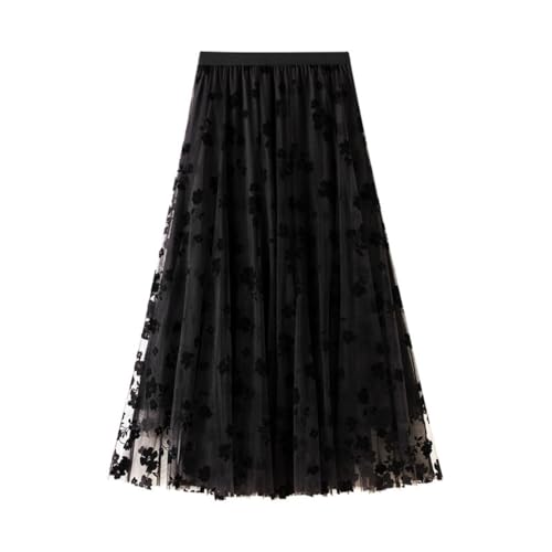 DianShao Tüllrock Damen Midi Überlagerter Mehrlagiger Elastischer Hoch Taillierter A Linien Tutu Rock Mesh-Chiffon-Faltenrock Mit Blumendekoration von DianShao