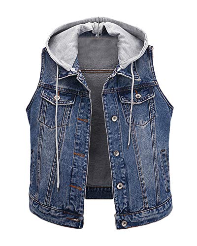 Damen Jeansweste Mit Kapuze Weste Jacke Vest Jeansjacke Ärmellos Denim Gilet Dunkelblau 4XL von DianShaoA