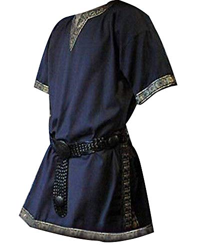 DianShaoA Herren Mittelalter Tunika Kurzarm V-Kragen Saum Gewand Retro Hemd Casual Blusen Dunkelblau 4XL von DianShaoA
