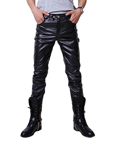 Herren Pu Faux Leder Motorradhose Protektoren Slim Fit Soft Rock Steampunk Motorradhose Biker Hose Lederhose Schwarz L von DianShaoA