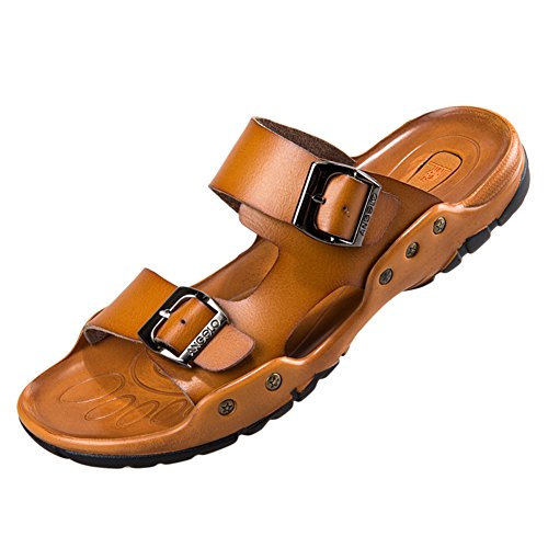 Herren Slide Geschlossene Sandalen Leder Freizeit Hausschuhe Outdoor Strand Pantolette Sandalen Braun 42 EU von DianShaoA