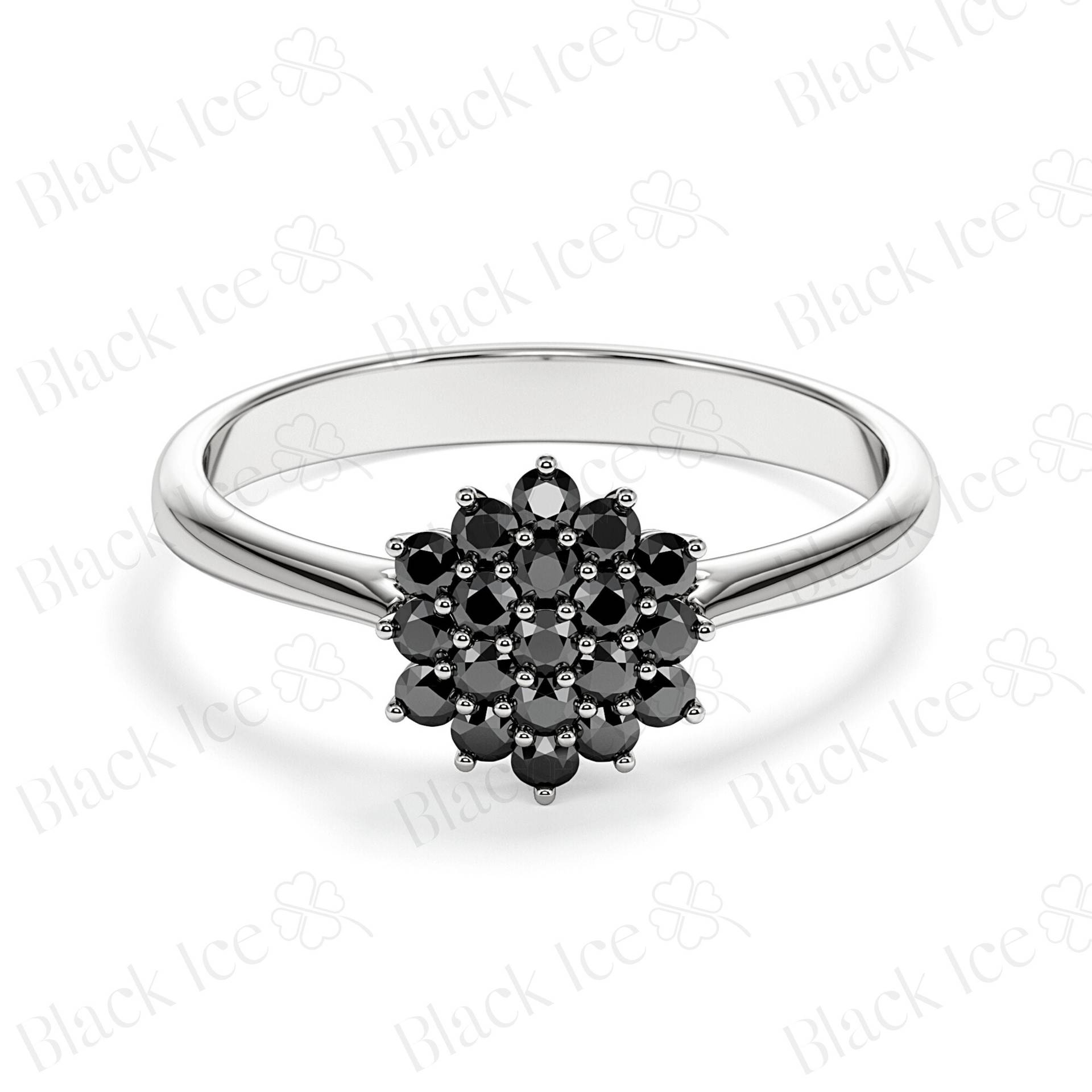 Schwarzer Diamant Cluster Ring, Blumenform Schwarzer Floral Schwarz Pave Weißgold Natürlicher Ring von DianaBlackIce