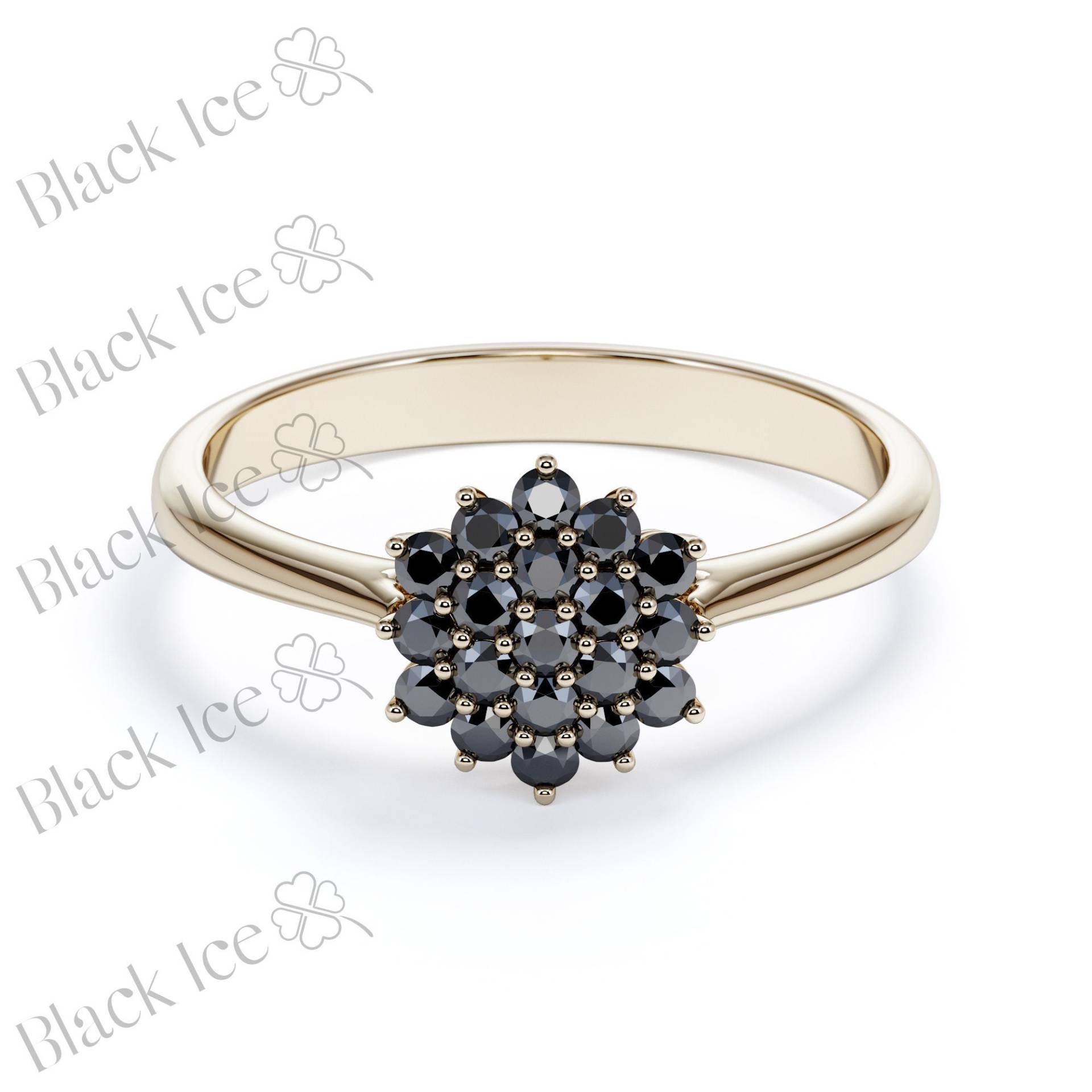 Schwarzer Diamant Verlobungsring, Blumen Ring, Gelb Gold von DianaBlackIce