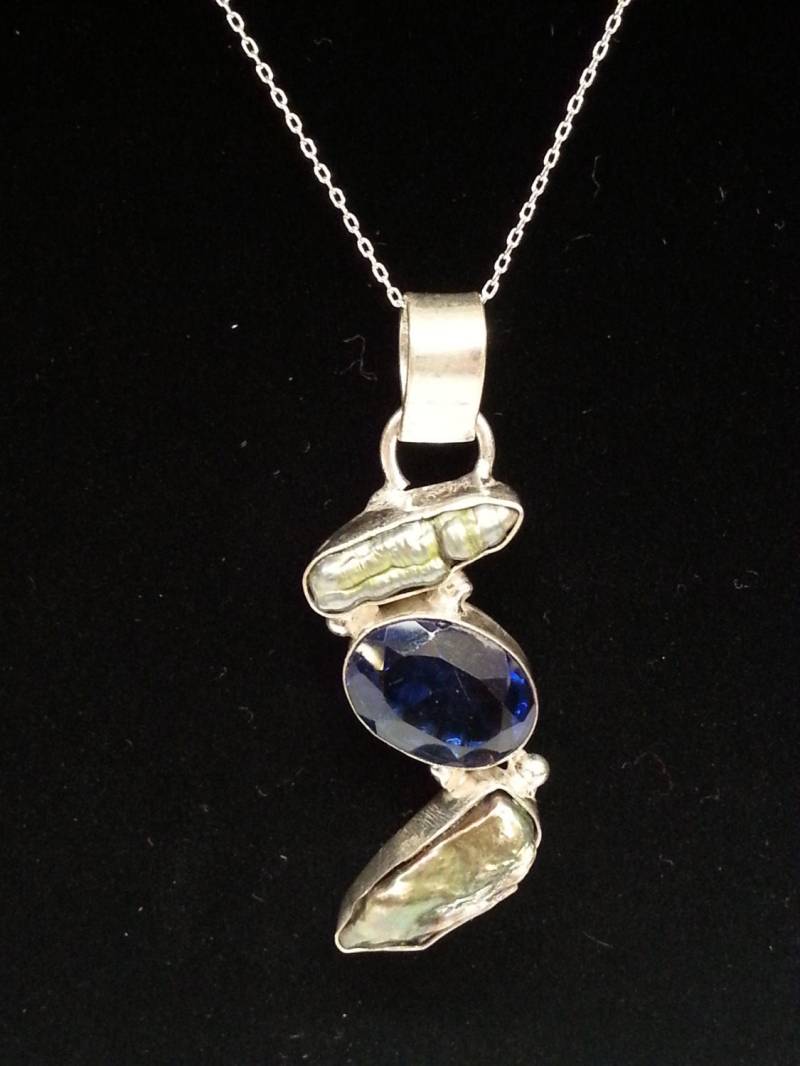 925Er Silber, Tansanit, Grüne Perlen, Anhänger Und Kette von DianaReevesJewelry