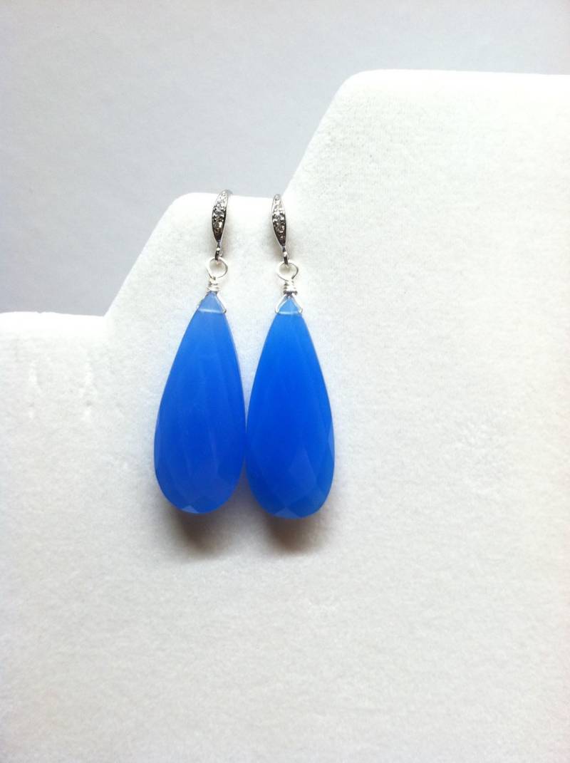 Apatit Blauer Chalcedon Lange Facettierte Tropfen Ohrringe Mit Silberhaken Cz Details von DianaReevesJewelry