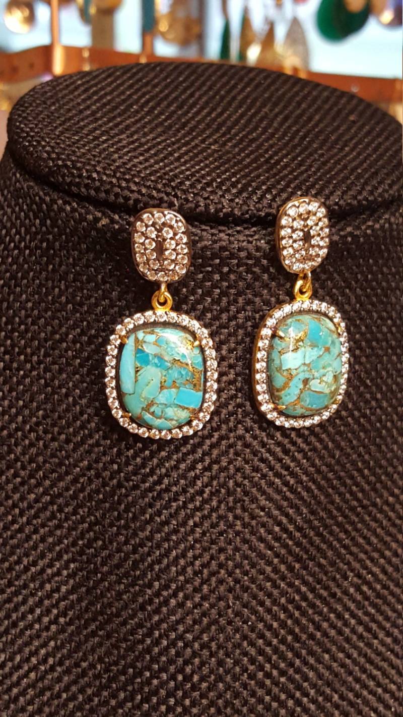 Blauer Türkis in Kupfer Sterling Silber Ohrringe Mit Weißem Topas Steinen Gold Vermeil von DianaReevesJewelry