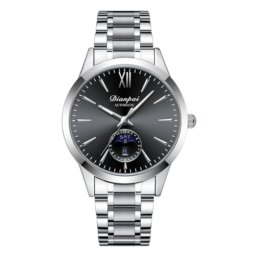 Dianpai Ausgehöhlte Mondphase Vollautomatische Mechanische Uhr für Herren, Edelstahl Wasserdicht Luxusuhr, Mode und Trendy Business Herrenuhr, Schwarz von Dianpai