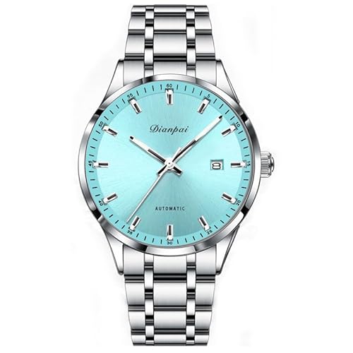 Dianpai Einfache Herrenuhr Vollautomatisches Mechanisches Uhrwerk Edelstahl Herren Kalender Nachtlicht Wasserdicht Business Uhr 5202A, Blau von Dianpai
