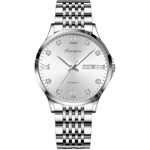Dianpai Stainless Steel Double Calendar Men's Fully Automatic Mechanical Watch Simple and Fashionable Business Men's Night Light Waterproof Trendy Watch 5201-3 (White) von Dianpai