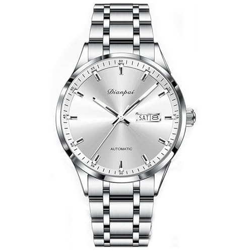 Dianpai Wochenkalender Herrenuhr Edelstahl Männer Vollautomatische mechanische Bewegung Nachtlicht wasserdichte Mode Business Uhr 5202-2 (weiß) von Dianpai