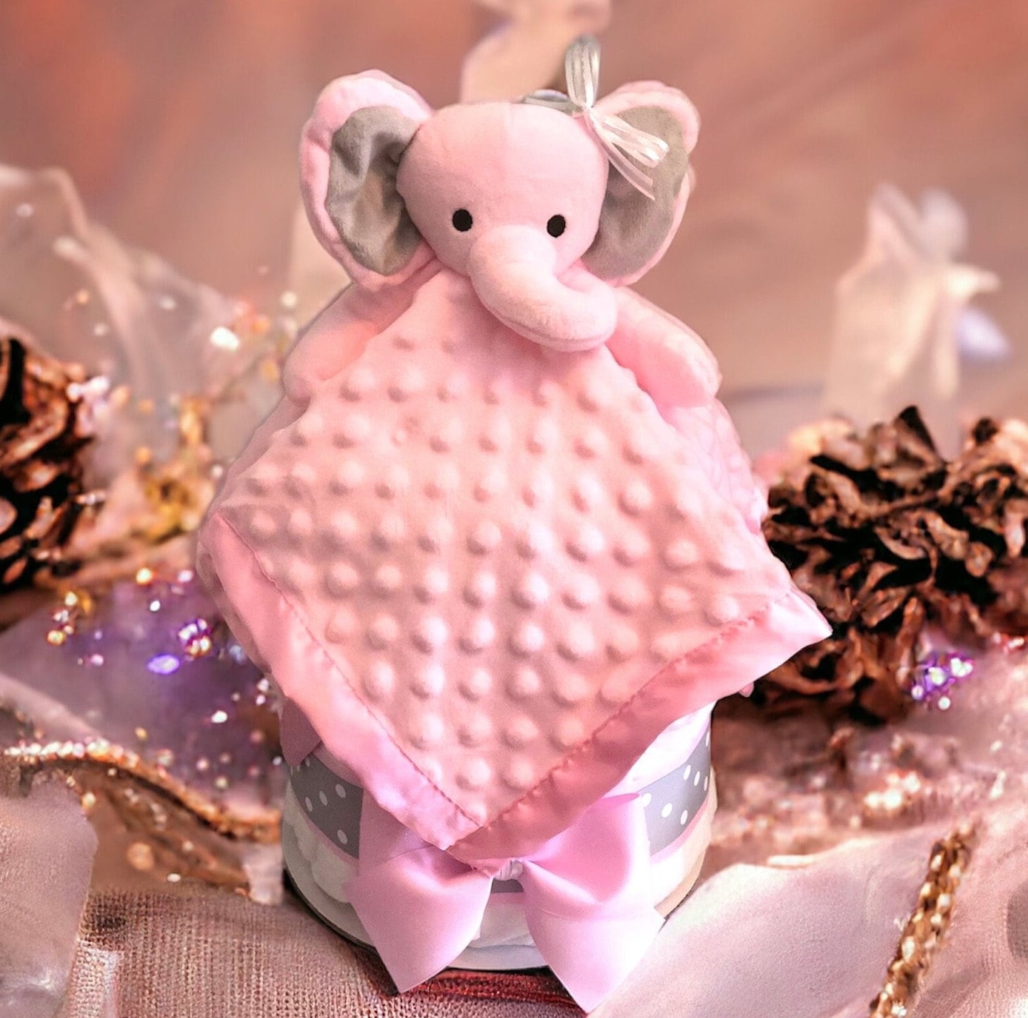 Rosa Elefant-Windeltorte Mit Schmusetuch, Rosa Elefant Lovie, Gesticktes Lovie, , Babypartygeschenk, Babyparty-Mittelstück von DiaperImpressionsLLC