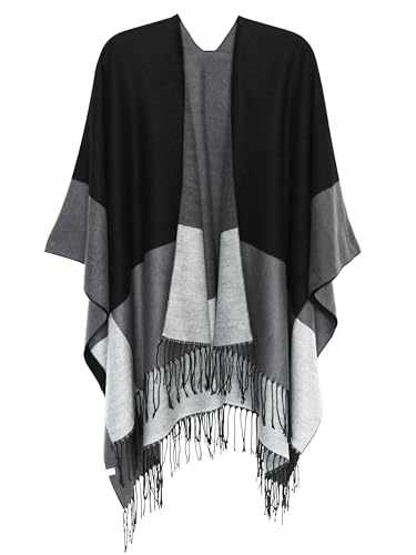 DiaryLook Damen Poncho Schal Winter Cardigan Übergroße Cape Elegant Poncho Für Frauen Umhang Damen Warm Geschenk Für Mutter Schwarz Hellgrau Gestreift von DiaryLook