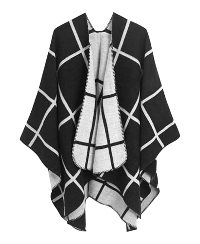 DiaryLook Damen Poncho Schal Winter Cardigan Übergroße Cape Elegant Poncho Für Frauen Umhang Damen Warm Geschenk Für Mutter Schwarz und Grau von DiaryLook