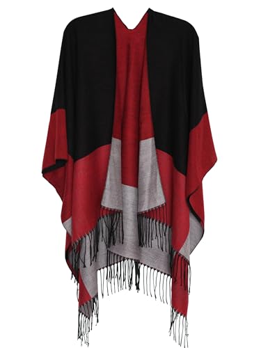 DiaryLook Damen Poncho Schal Winter Cardigan Übergroße Cape Elegant Poncho Für Frauen Umhang Damen Warm Geschenk Für Mutter Schwarz Grau Rot Gestreift von DiaryLook