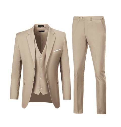 Herren Anzüge 3 Stück Set Slim Fit Hochzeit Anzug Trauzeugen Abschlussball Anzug Smoking Business Formale Casual Bräutigam Anzug Jacke Blazer Hosen, Champagner, XL von Diaryan