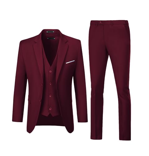 Herren Anzüge 3 Stück Set Slim Fit Hochzeit Anzug Trauzeugen Abschlussball Anzug Smoking Business Formale Casual Bräutigam Anzug Jacke Blazer Hosen, tiefes rot, L von Diaryan