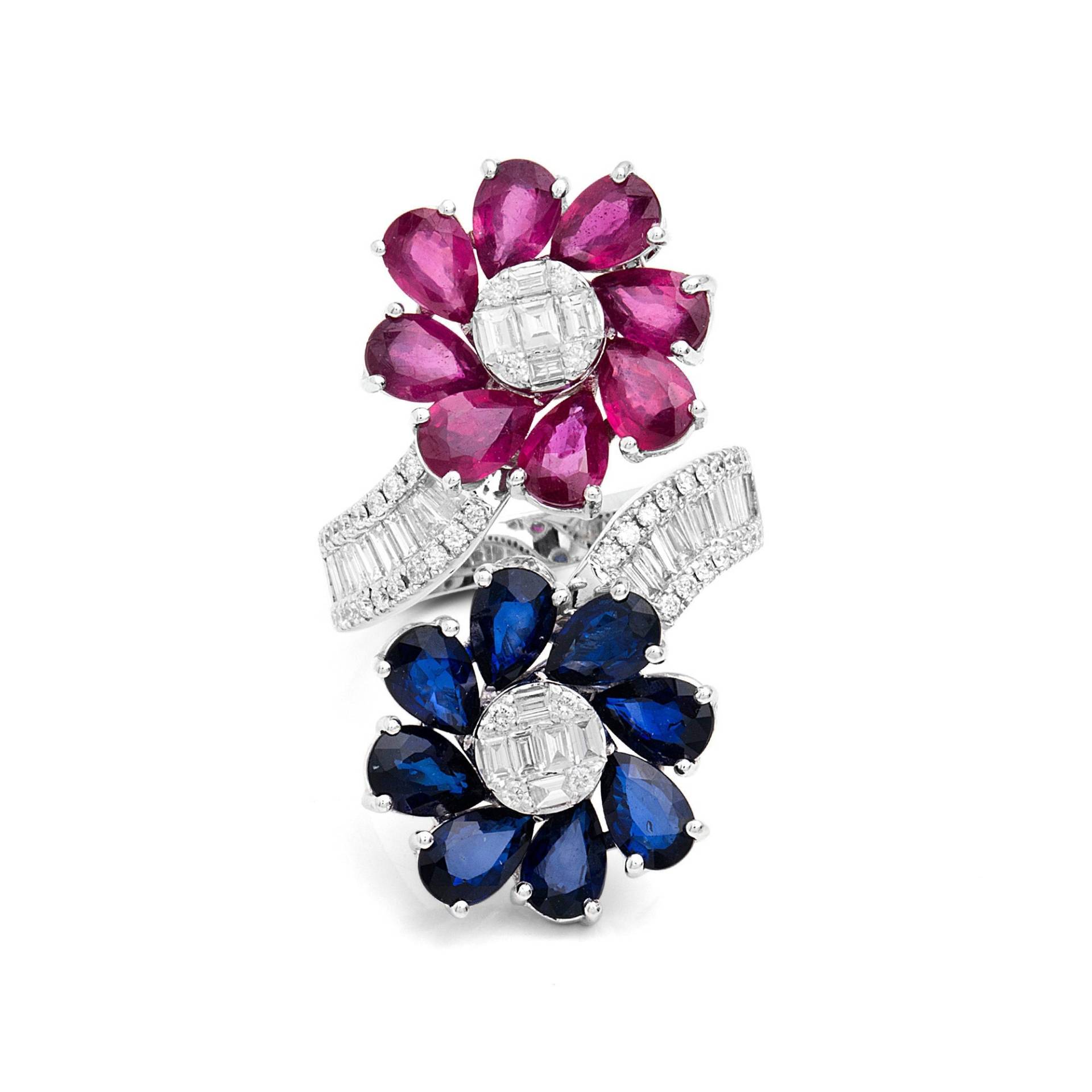 1.36 Ct Diamant Saphir Und Rubin Ring Offenes Band Floral Doppelte Blumen Ringe Bypass Cocktail von DiazJewelryCo