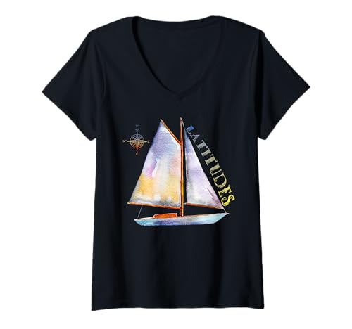 Damen Aquarell-Segelboot mit Kompass und LATITUDES Segeln T-Shirt mit V-Ausschnitt Damen Aquarell-Segelboot mit Kompass und LATITUDES Segeln T-Shirt mit V-Ausschnitt von Dibble Dabble Designs Nautical