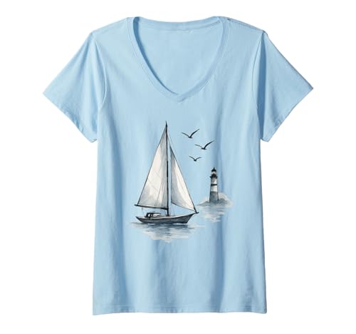 Damen Segelboot mit Seevögeln und Leuchtturmsegeln T-Shirt mit V-Ausschnitt Damen Segelboot mit Seevögeln und Leuchtturmsegeln T-Shirt mit V-Ausschnitt von Dibble Dabble Designs Nautical