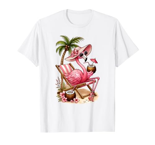 Damen Mädchen Rosa Flamingo Strand Palme Cute Flamingo T-Shirt Damen Mädchen Rosa Flamingo Strand Palme Cute Flamingo T-Shirt von Dibble Dabble Designs Summer Vibes Pink Flamingo