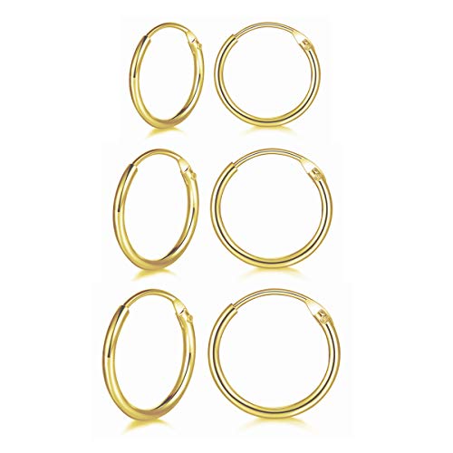 Dicheng Creolen Silber Damen Ohrringe, 3 Paare 925 Sterling Silber Gold Creolen Ohrringe Set, Hypoallergen Unisex Klein Schlafen Knorpel Kreolen Nasen Ringe, Dicke 1.2 mm, Durchmesser 10, 12, 14 mm von Shuxin