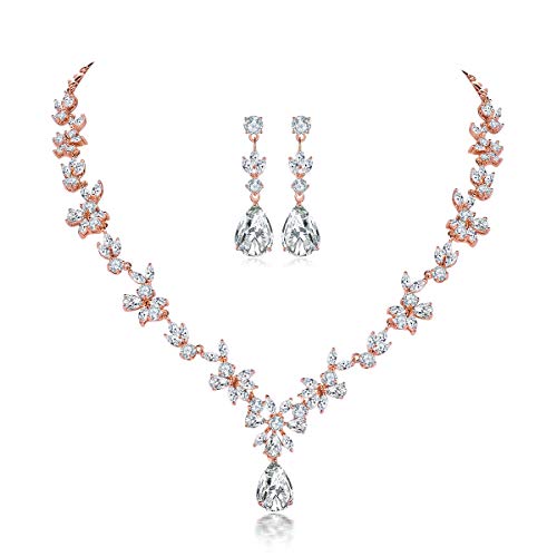 Shuxin Hochzeit Schmuckset für Damen, Rosegold-Ton Halskette & Ohrringe & Set, Weißgold Plattiert Blumen Braut Schmuck Set mit 5A Weiß Zirkonia, Allergenfrei Hochzeitsschmuck für Braut Brautjungfern von Shuxin