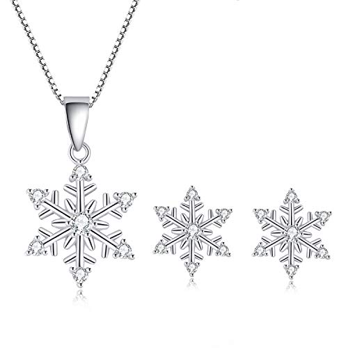 Dicheng Silber Schneeflocke Schmuckset Damen, 925 Sterling Silber Halskette & Ohrringe Set, Schneeflocke Anhänger mit 45cm Kette, Weihnachten Geschenk für Mutter Frau Freundin, Kommt in Schmuck Box von Shuxin