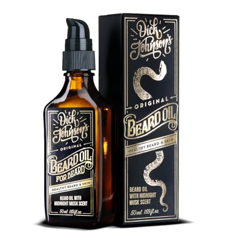 Dick Johnson Bartöl Midnight Musk Duft 50 ml – Bart Öl mit Arganöl, Jojobaöl und Mandelöl – Bartpflege für Männer zur täglichen Anwendung & Bartwachstum – Geschenk für Männer – Made in Finnland von Dick Johnson