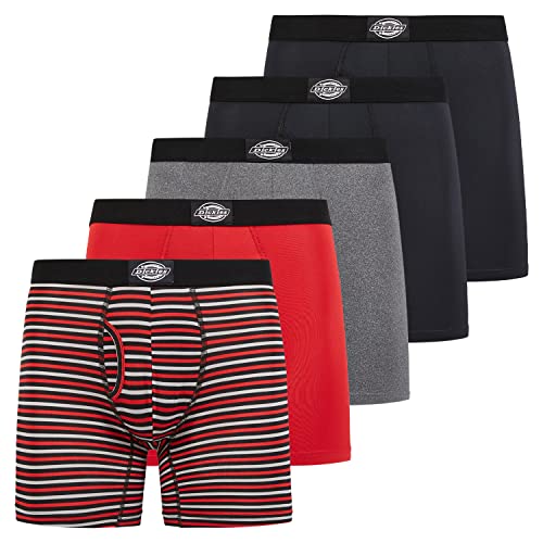 Dickies 5er-Pack Herren-Boxershorts mit Tasche, feuchtigkeitsableitende Performance-Unterwäsche für Herren, Small Stripe, True Red, Black, Heather Grey, Black, Large von Dickies