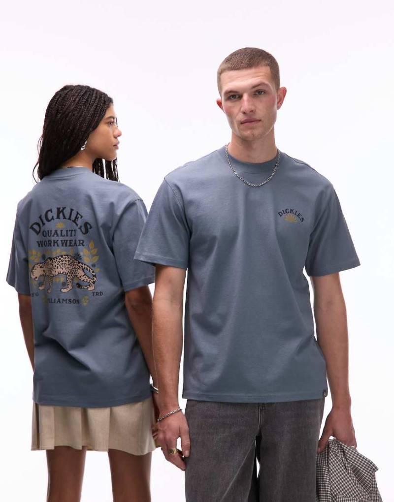 Dickies - Fort Lewis - T-Shirt in Mittelblau mit Leopardengrafik auf dem Rücken von Dickies