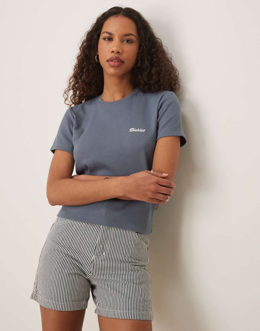 Dickies - Lewistwon - Knapp geschnittenes Longline-T-Shirt in Mittelblau mit aufgesticktem Logo von Dickies
