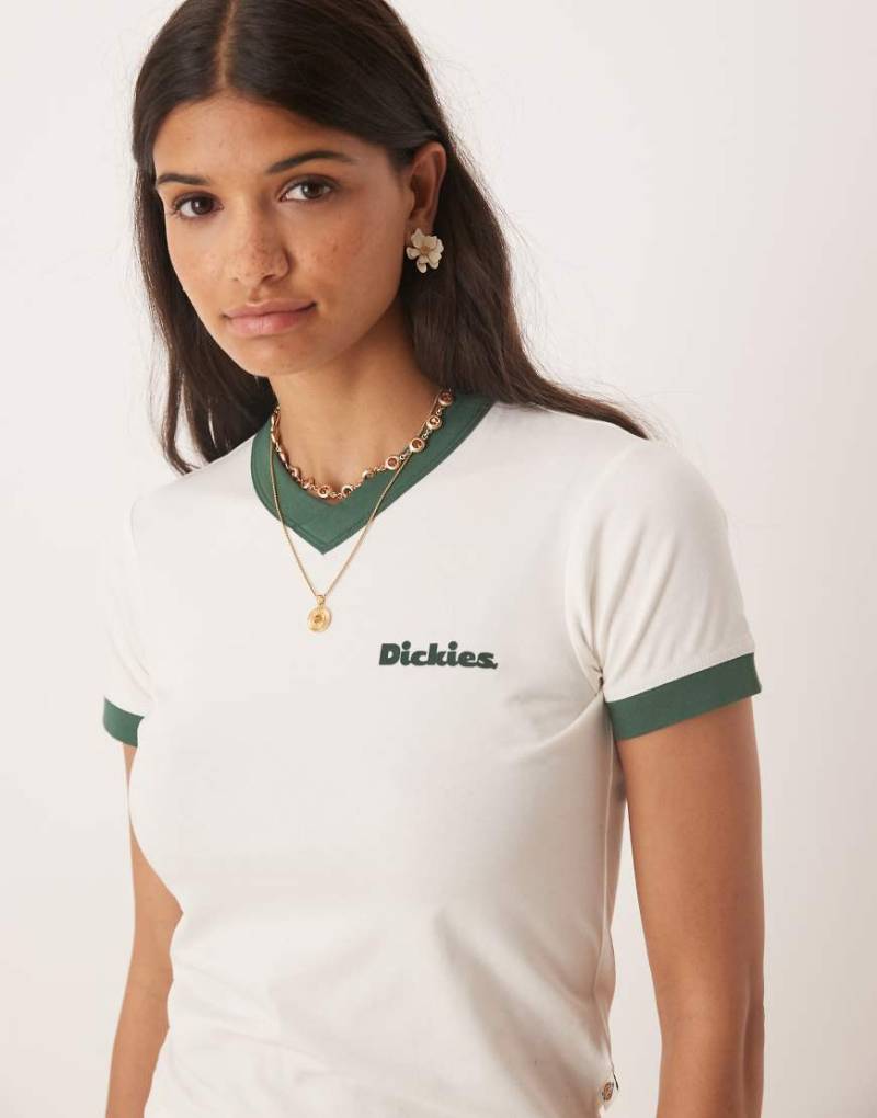 Dickies - Slayden Ringer - Knapp geschnittenes Longline-T-Shirt in Wollweiß mit dunkelgrünen Details von Dickies