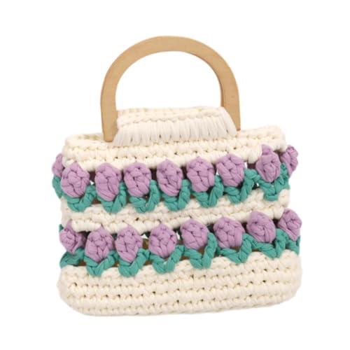Dickly Frauen Handtasche Häkelbeutel mit Griff Handheld Fairy Bag Stylish Große Kapazität Geldbörse für Den Sommerurlaub für Den Urlaub Strand, Beige lila von Dickly