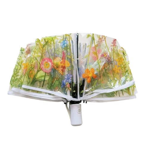 Dickly Transparenter Regenschirm, faltbar, koreanisch, Regen- und Winddicht, Leichter Reise-Regenschirm mit Kuppeldach und Blumenmotiv für Mädchen, Automatisch von Dickly