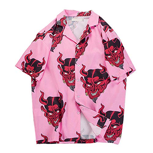 Hawaiihemd Big Devil Print lässig kurzärmelige lose T-Shirt Herren Cardigan Button Shirt-Pink_L von Dickplay