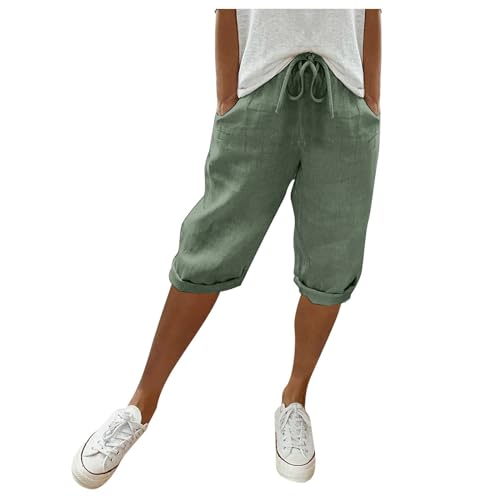 1/2 Leinenhose Damen Baumwolle Leinen Kurze Gestreift Sommerhose Elastische Hohe TailleStoffhose Caprihose Sommer Casual Locker Freizeithose Kurze Pants Strandhose Mit Kordelzug Taschen,Grün,XXL von Didadihu