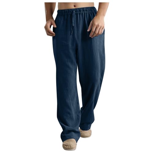 2024 Leinenhose Herren Baumwolle Leinen Lang Hosen Sommerhose Leichte Loose Fit Bequeme Sommer Freizeithose Stoffhose Urlaub Strand Alltag Schlupfhosen Strandhose Linen Pants Mit Kordelzug,BU2,3XL von Didadihu