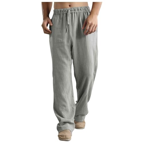 2024 Leinenhose Herren Baumwolle Leinen Lang Hosen Sommerhose Leichte Loose Fit Bequeme Sommer Freizeithose Stoffhose Urlaub Strand Alltag Schlupfhosen Strandhose Linen Pants Mit Kordelzug,Grau,L von Didadihu