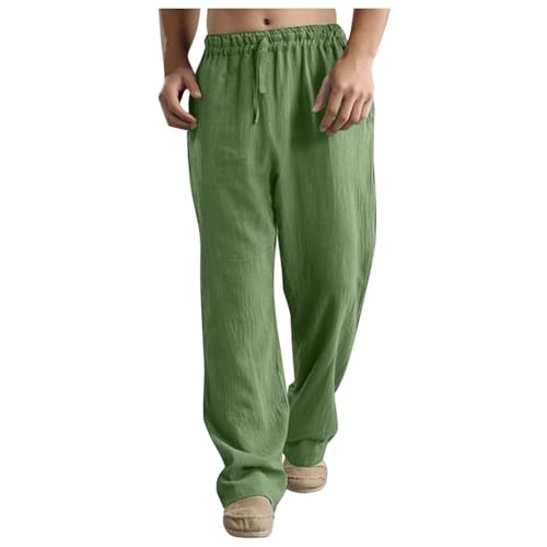 2024 Leinenhose Herren Baumwolle Leinen Lang Hosen Sommerhose Leichte Loose Fit Bequeme Sommer Freizeithose Stoffhose Urlaub Strand Alltag Schlupfhosen Strandhose Linen Pants Mit Kordelzug,Grün,L von Didadihu